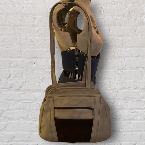 VINTAGE Handcrafted Beige Brown Mexican Cowhide Leather Shoulder Bag Purse - Picture 1 of 9